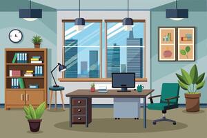 An illustration of a modern office desk with a city view outside the window. The desk is organized with a computer, a lamp, and a plant. vector