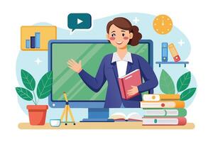 An illustration of a smiling female teacher holding a textbook and presenting a lesson through a computer screen. vector