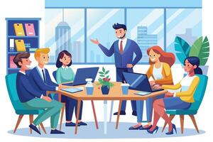A business team is having a meeting in a modern office with a city view. The team is sitting around a table, listening to their leader who is standing and presenting. vector
