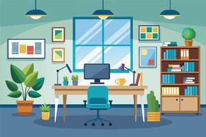 A modern home office workspace with a desk, computer, chair, and a bookshelf filled with books. The room features a large window, potted plants, and colorful artwork. vector