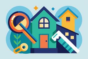 Colorful illustration showing a green house with a magnifying glass, key, and ruler. Ideal for real estate, home ownership, and property inspection themes. vector