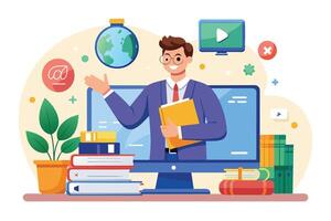 A cheerful online teacher is presenting a lesson through a computer screen, surrounded by books and educational icons. vector