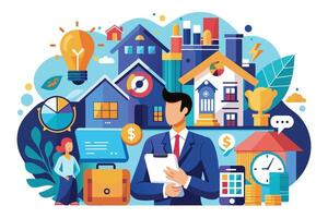 A businessman holds a clipboard in front of a colorful illustration featuring houses, money, clocks, and graphs. vector