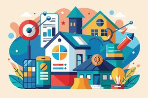 A colorful illustration featuring houses, data, and technology. The image depicts various elements related to home, business, and modern living. vector