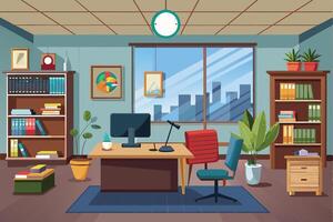 An illustration of a modern office interior with a desk, computer, chair, and a view of the city through a large window. The room is decorated with plants and bookshelves. vector