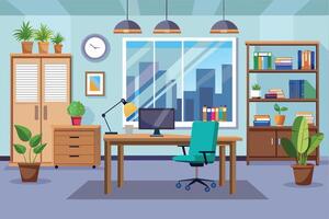 A cartoon illustration of a modern home office with a large window overlooking a cityscape, a desk with a computer and chair, bookshelves filled with books, and plants throughout the room. vector