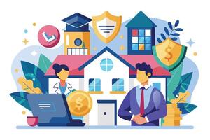 An illustration depicting a couple standing in front of their new home, showcasing financial security and protection with symbols of a shield, a graduation cap, and a stack of coins. vector