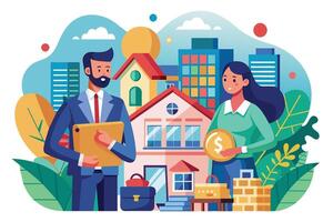 Illustration of a real estate agent in a suit holding a tablet and showing a house to a prospective buyer holding a gold coin. vector