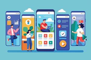 This illustration depicts four people using different mobile apps, showcasing various app interfaces with icons, buttons, and menus. vector