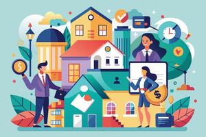 An illustration depicting two real estate agents in a cityscape, discussing property investments and financial opportunities. vector