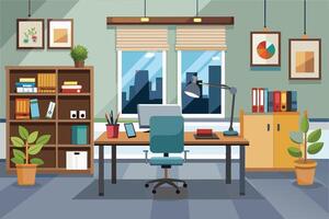 A modern office workspace with a desk, chair, computer, lamp, and a window overlooking a cityscape. The room has a bookshelf, plants, and framed artwork. vector