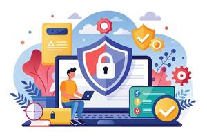 An image shows a man on a laptop with a shield over the screen. The shield has a lock icon for security and icons for data protection. vector