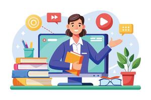 An illustration of a smiling female teacher presenting a lesson from a computer screen, surrounded by educational symbols and objects, indicating online learning. vector