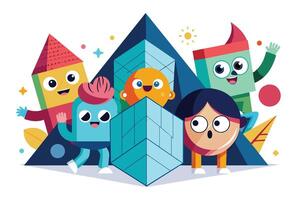 An illustration of five colorful cartoon characters standing around a blue building. The characters have big eyes, smiles, and various shapes and sizes. vector