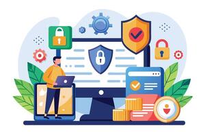 Illustration of a man working on his laptop with a secured computer and mobile devices, emphasizing secure data and digital privacy. vector