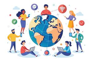 An illustration of a diverse group of people using various technologies, including smartphones and laptops, around a large globe representing the interconnected world. vector