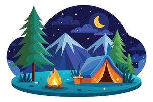 A digital illustration depicting a campsite under a starry night sky with mountains in the background. A campfire is burning brightly in the foreground, next to a tent and trees. vector