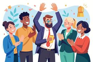 A group of colleagues celebrates a win, with one man holding a trophy and the others clapping with smiles on their faces. vector