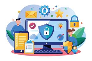 Illustration depicting secure online protection for digital devices and data. A man and woman are pictured with a computer, tablet, and other security symbols. vector