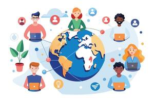Illustration of a diverse group of people from around the globe, each working on their laptops, connected to a globe in the center. vector