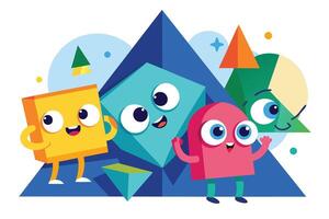 A colorful illustration of friendly cartoon characters shaped like geometric figures including a cube, diamond, pyramid, and a curved shape, all standing together on a blue background. vector