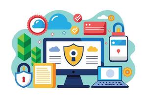 Illustration of online data protection with icons of a computer, laptop, cloud, lock, and shield. vector