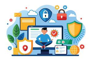 A cartoon illustration of a man meditating in lotus position on a computer screen surrounded by various security symbols. vector