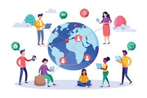A colorful illustration depicting people of different ethnicities and ages connected through technology, symbolized by a globe and lines representing communication. vector