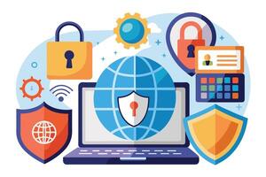 Illustration depicting a laptop with a shield and a globe on the screen, surrounded by various security icons, representing the layers of protection for online data. vector