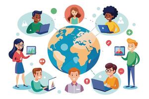 An illustration depicting a diverse group of people using laptops and tablets to connect with each other online. The image represents the global nature of communication and collaboration. vector