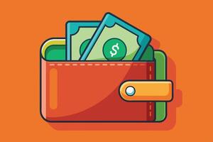 A digital illustration of a red leather wallet with two bills inside, one partially visible. The bill that is fully visible has a dollar sign on it. vector