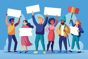 A diverse group of people stand together, holding blank signs during a protest. They are all smiling and looking determined. vector