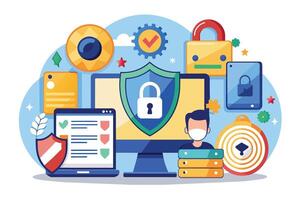 A colorful illustration showcasing various digital devices, security symbols, and a person wearing a face mask, representing the importance of online safety and security. vector