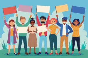 Cartoon shows 7 diverse people in grassy field, smiling, holding blank signs and colored flags for unity and collective action. vector