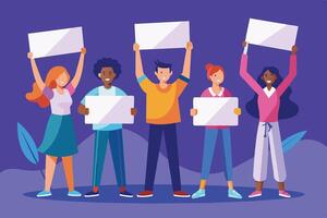 An illustration of a diverse group of five people holding blank signs during a peaceful protest. They are smiling and appear hopeful and optimistic. vector