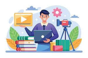 A cartoon man is smiling and holding a play button while standing next to a laptop and a camera on a tripod. vector