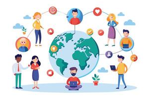 A global team collaborates online through diverse communication methods, connecting individuals from various cultures in a modern work environment. vector