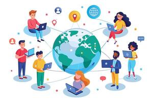 Diverse individuals are shown working together on their laptops, connected to a globe symbolizing global collaboration through technology. vector