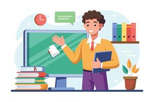 An illustration of a young, smiling male teacher presenting a lesson on a computer screen in front of a classroom. vector