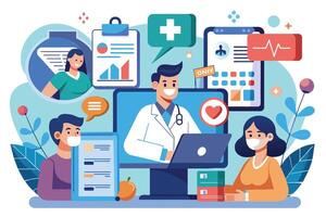Two patients are having a call with their doctor while discussing health records and prescriptions. vector