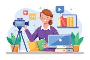 A woman happily records a book review at her desk with a book in one hand and a camera in the other. The colorful image exudes the joy of reading. vector