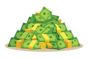 A large pile of green paper money with visible dollar signs is illustrated in cartoon style. The pile of money sits on a brown oval surface, suggesting wealth and prosperity. vector
