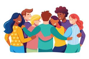 A group of six diverse friends are shown hugging each other tightly. They are all smiling and appear to be happy and close. vector