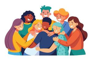 A group of smiling friends of diverse ethnicities hug each other in celebration, showcasing unity and togetherness. vector