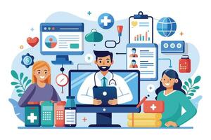 A doctor is shown on a computer screen during a virtual consultation, interacting with a patient. vector
