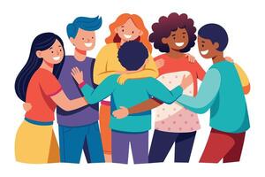 A group of six diverse friends, with different hair colors and skin tones, stand in a circle, hugging each other and smiling, celebrating their friendship. vector
