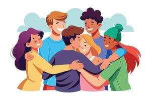 A diverse group of friends stand in a circle, smiling and hugging each other. They appear to be very close and happy to be together. vector