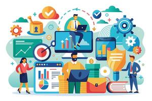 Illustration depicting a digital marketing strategy with data analytics, security, and online tools for business success. vector