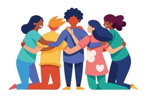 An illustration of five friends of different races and genders hugging each other in a circle, symbolizing friendship and unity. vector