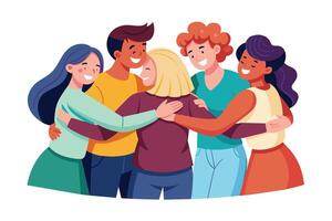 A group of diverse friends are hugging each other in a circle, smiling and celebrating. They appear happy and supportive, demonstrating strong bonds of friendship. vector
